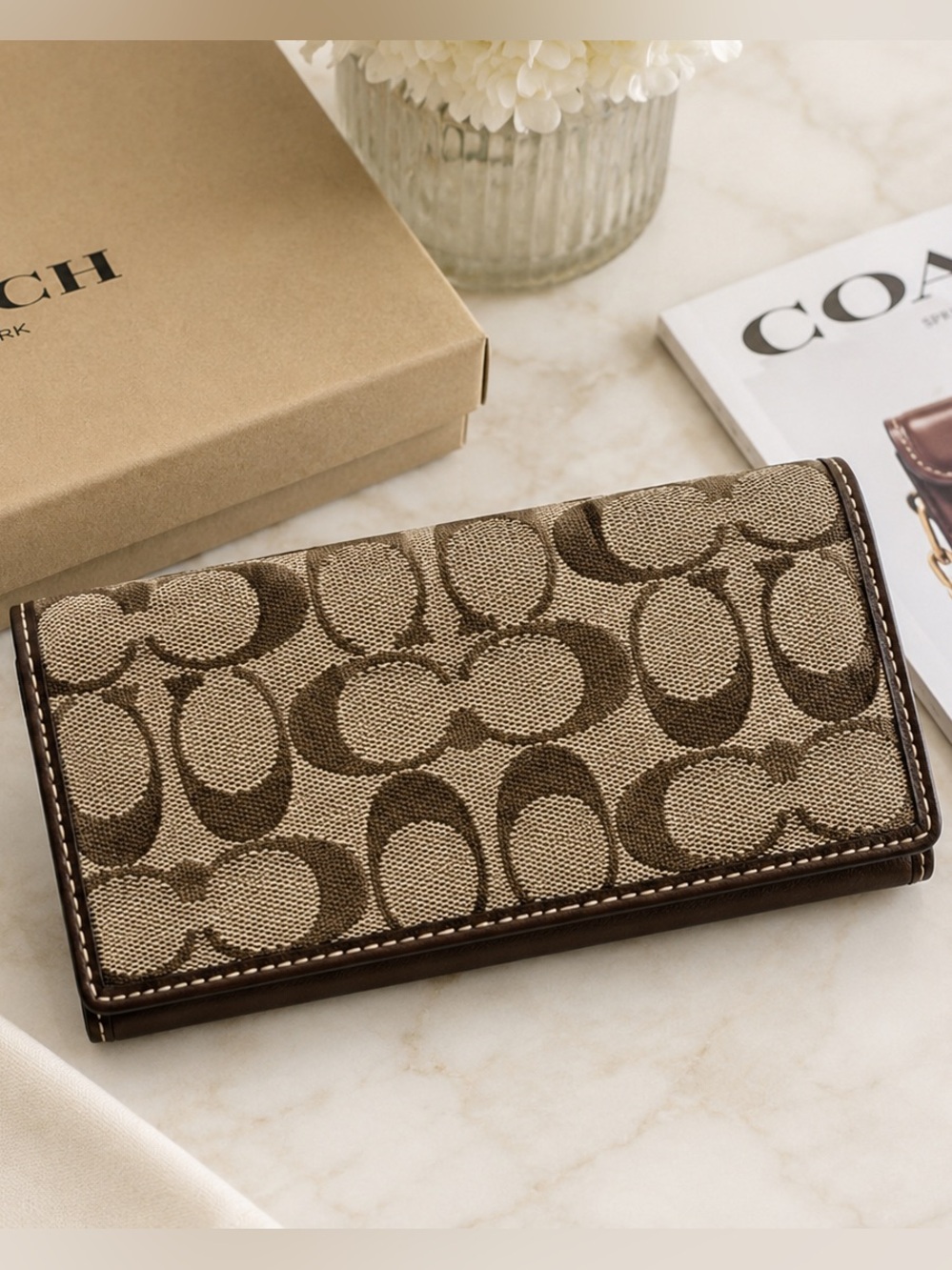 Coach Signature C Jacquard Leather Checkbook Cover Brown Tan Monogram